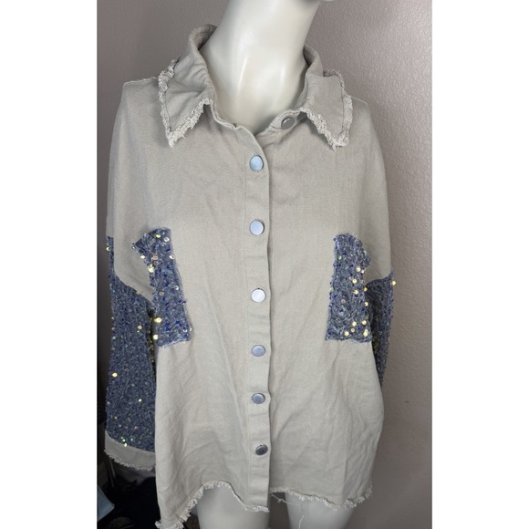 chicme Jackets & Blazers - CHICME Sequin Patch Shacket Jacket Large Beige Frayed Edge Oversized Boho